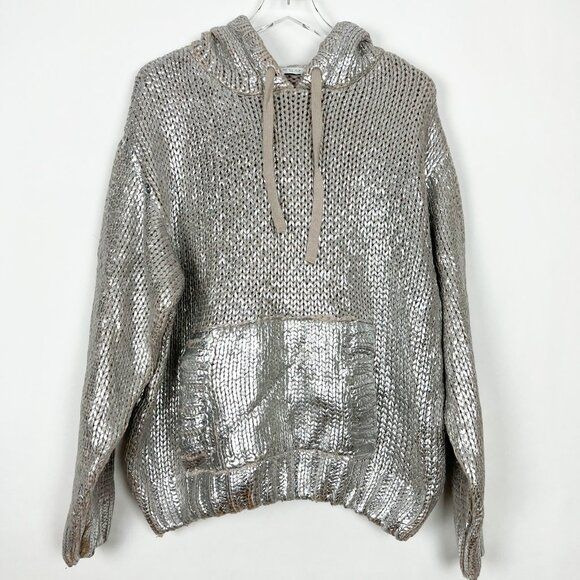 Zara Sweater Women's Large Metallic Silver Foil Hooded Knit Pullover Sweatshirt - Picture 14 of 15